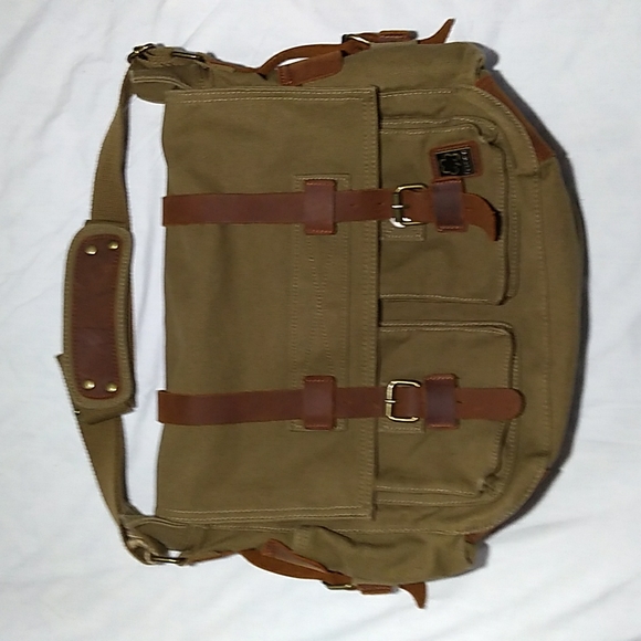 NEW S.C.Cotton Super Spacious Army Green Tan Canvas Leather Trim Messenger Bag - Picture 16 of 16